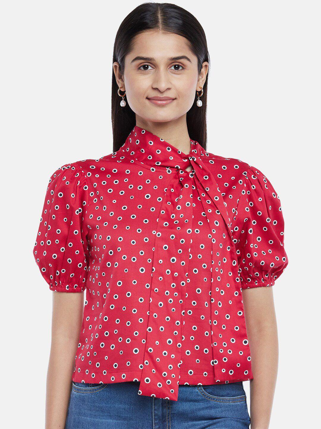 people red & blue geometric pure cotton print tie-up neck top