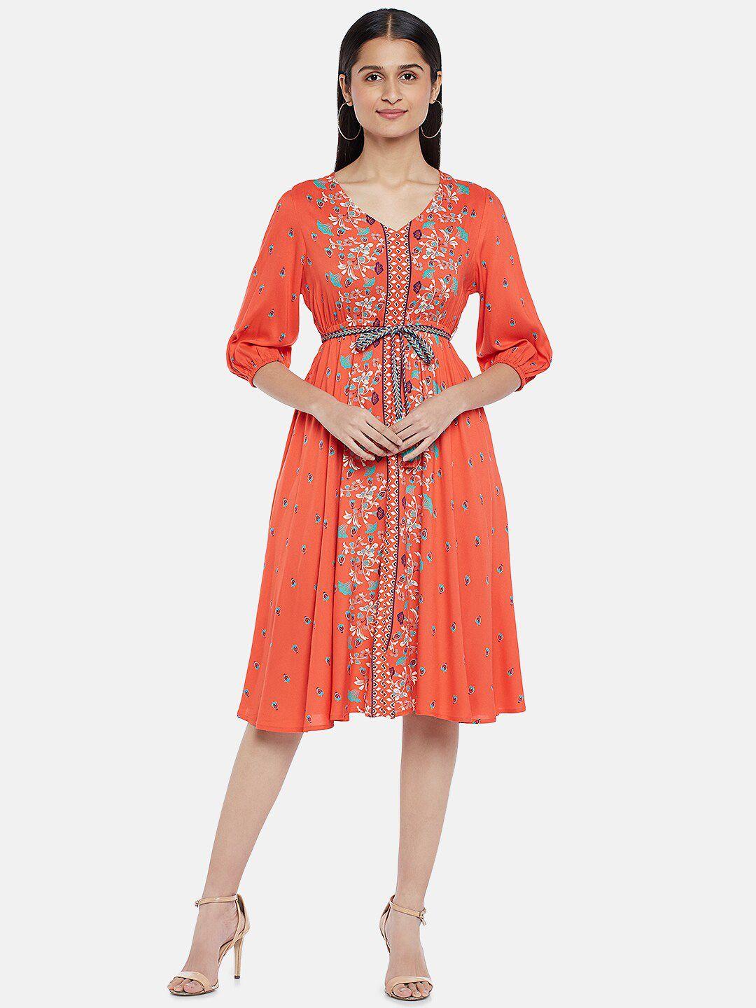 people rust floral fit & flare dress