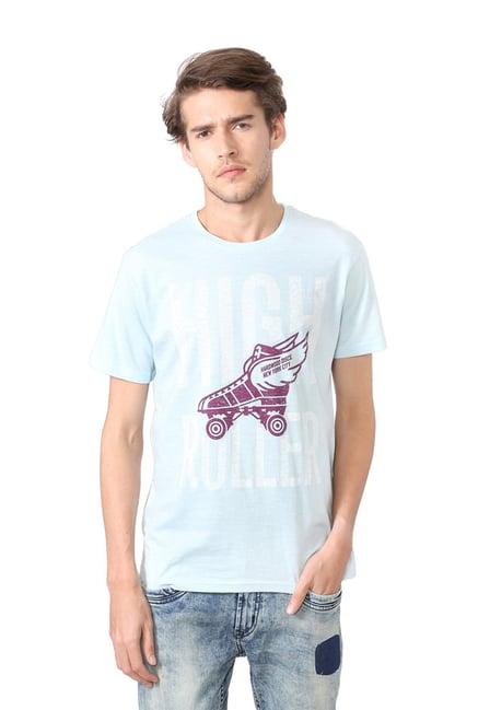 people sky blue printed crew neck t-shirt