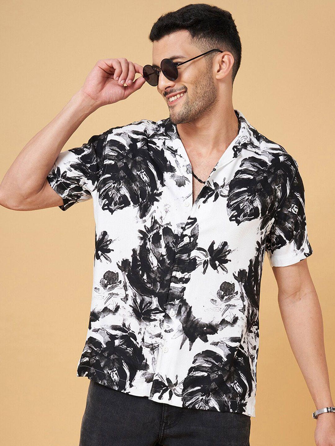 people white & black slim fit tropical printed casual shirt