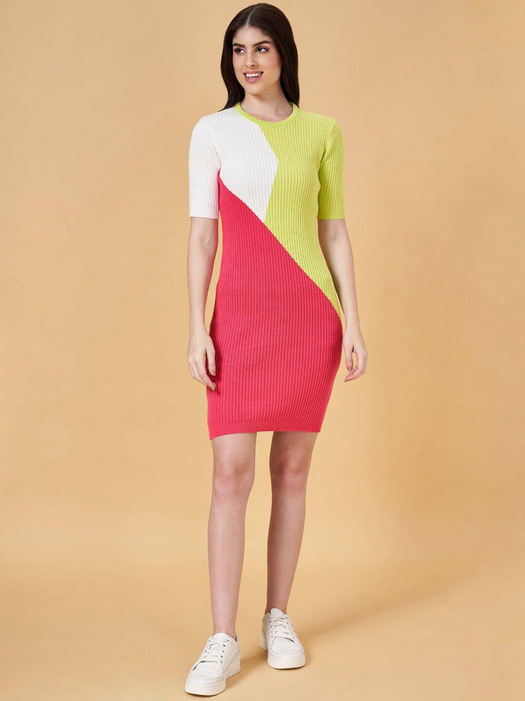 people white & green colourblocked sheath dress