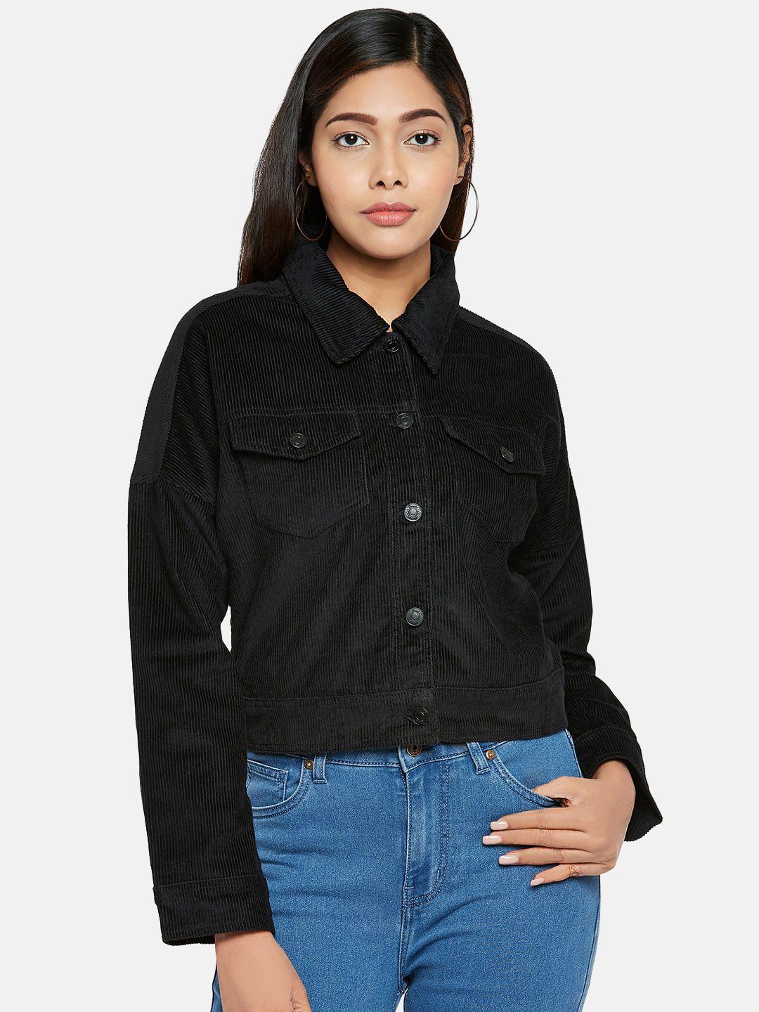 people women black self design denim jacket