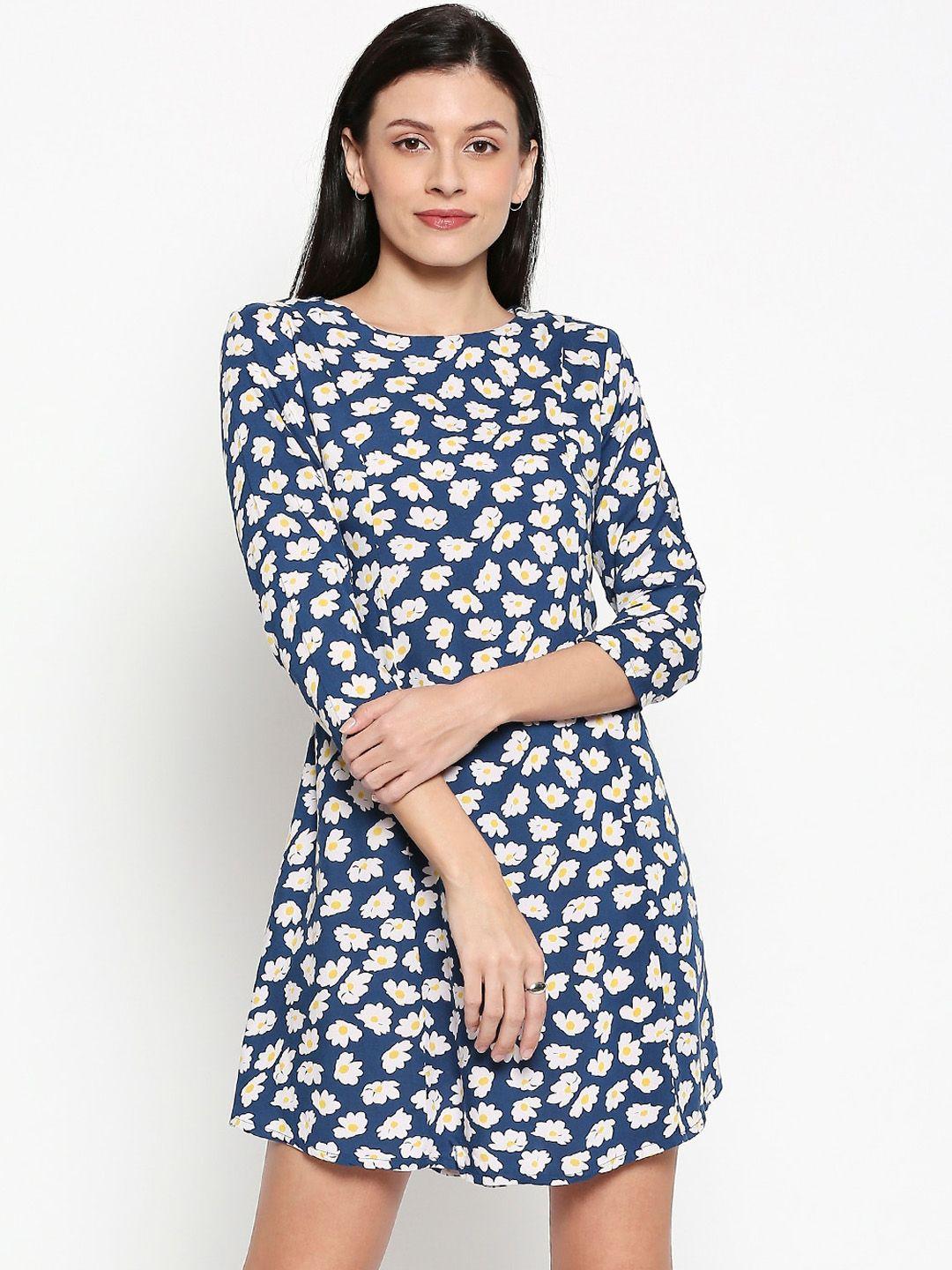people women blue & white floral printed a-line dress