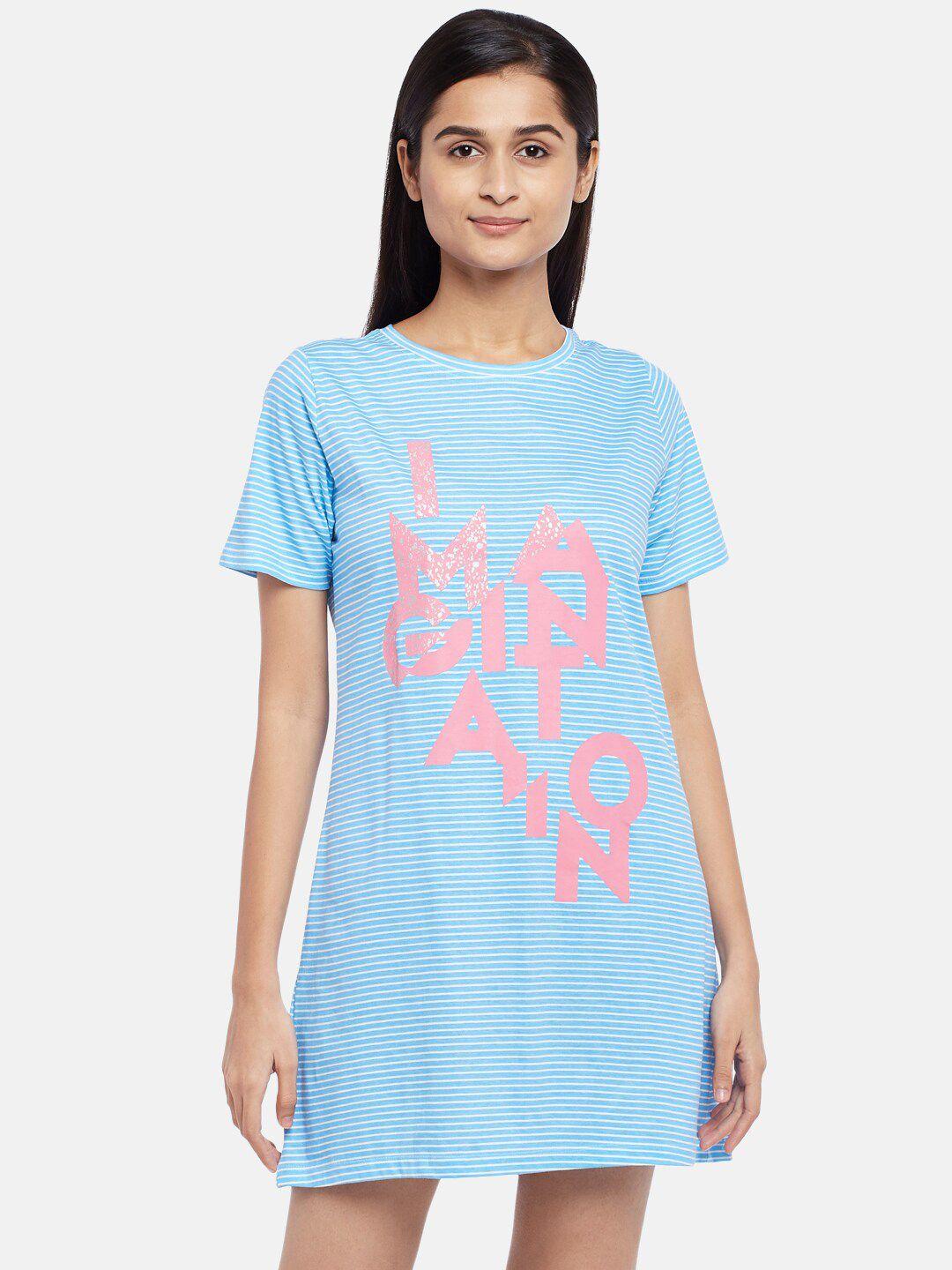 people women blue printed round neck cotton nightdress