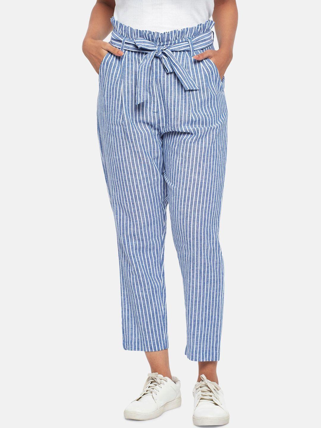 people women blue striped slim fit high-rise pleated peg trousers