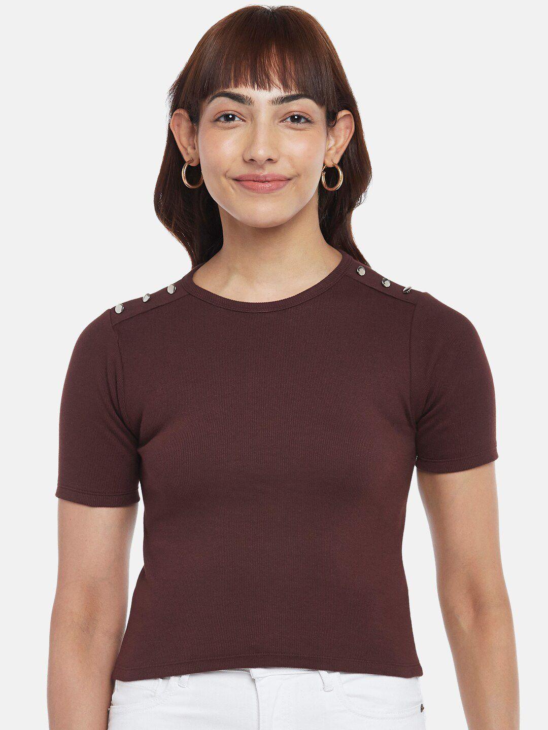 people women brown solid fitted crop top