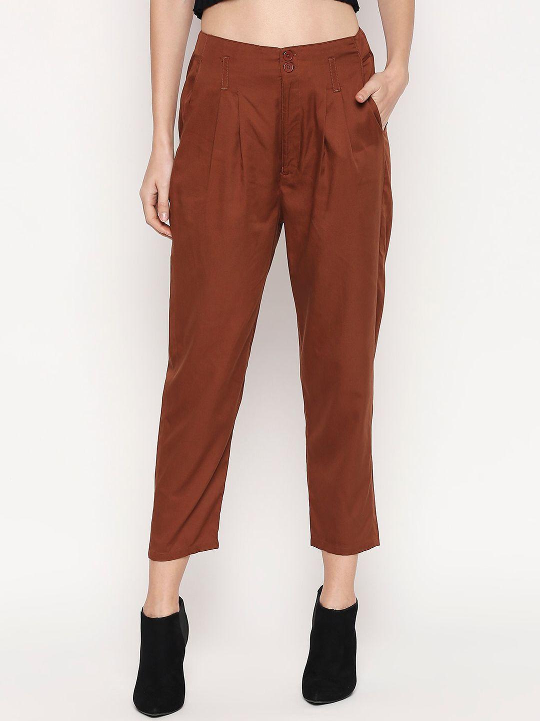 people women brown tapered fit high-rise pleated regular trousers