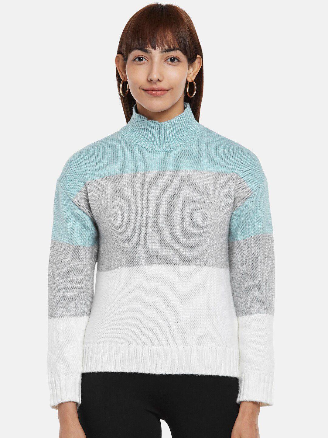people women green & white colourblocked pullover