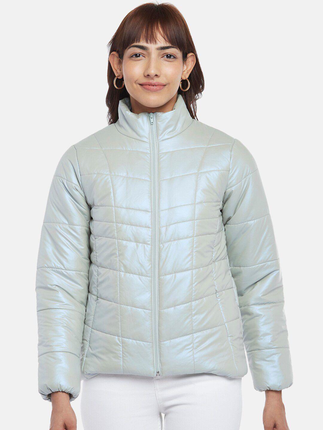 people women green cotton solid puffer jacket