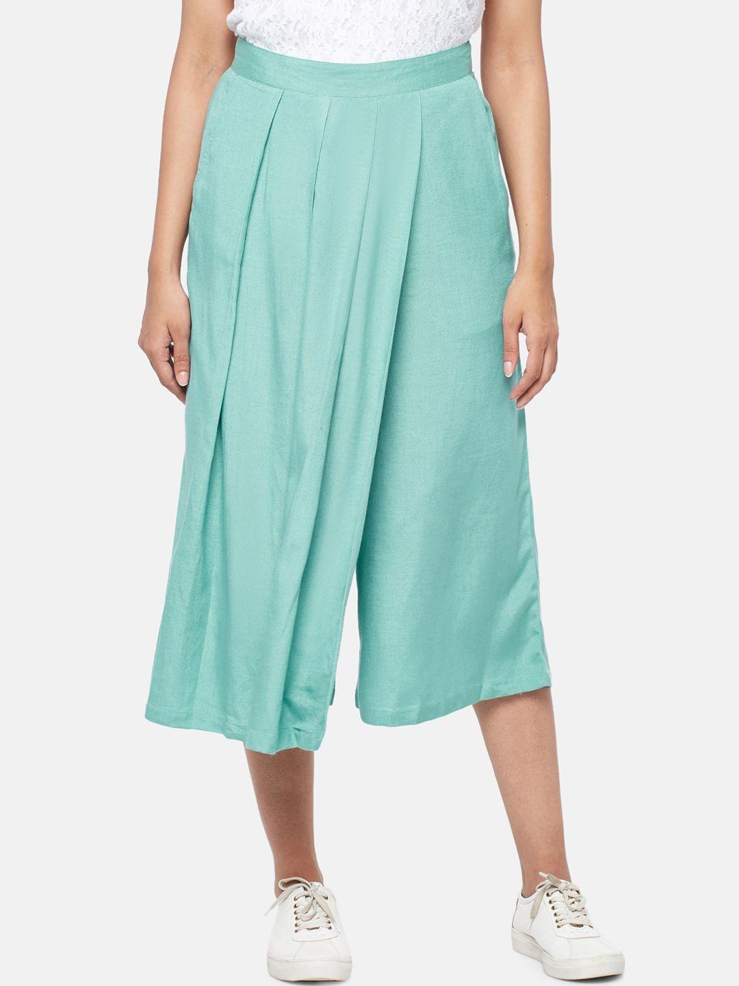 people women green flared high-rise pleated culottes
