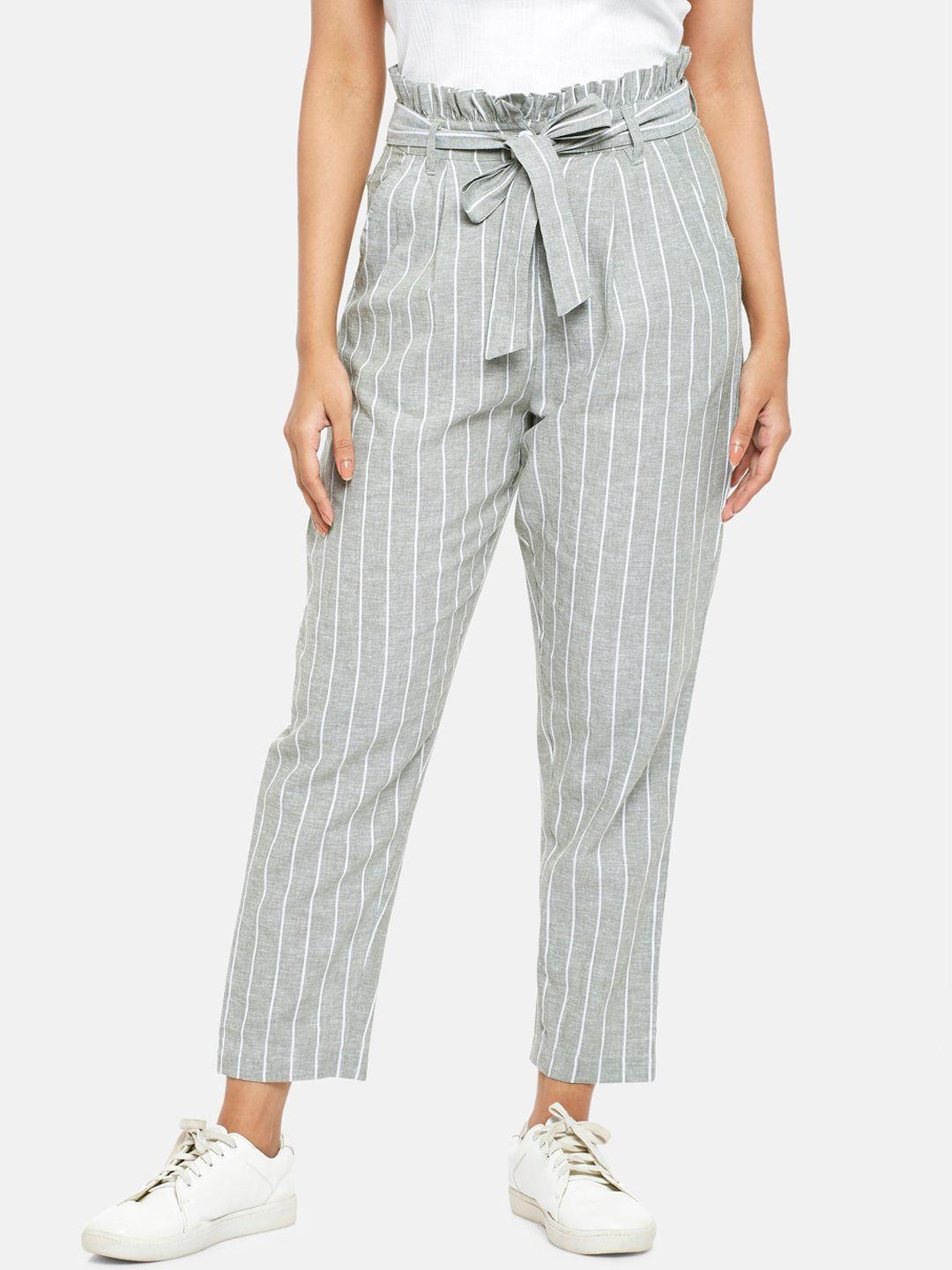 people women green striped high-rise pleated trousers