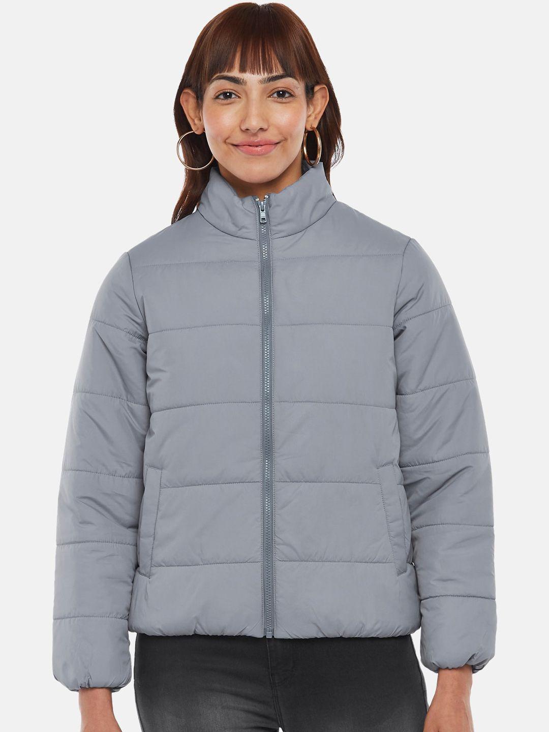 people women grey solid viscose rayon long sleeves padded jacket