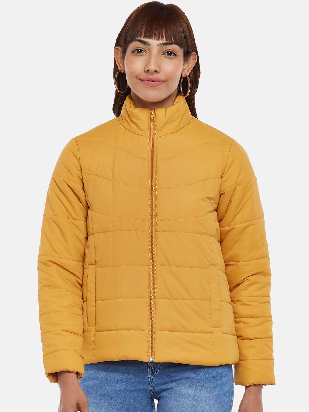 people women mustard solid viscose rayon padded jacket