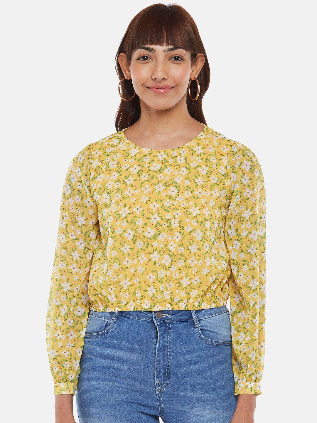 people women mustard yellow floral print long sleeves top