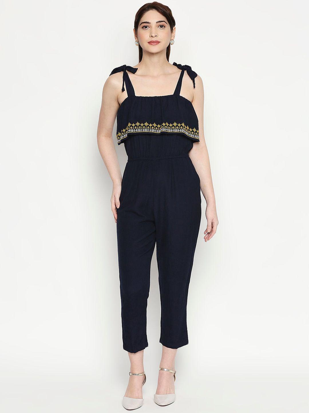 people women navy blue & white embroidered basic jumpsuit