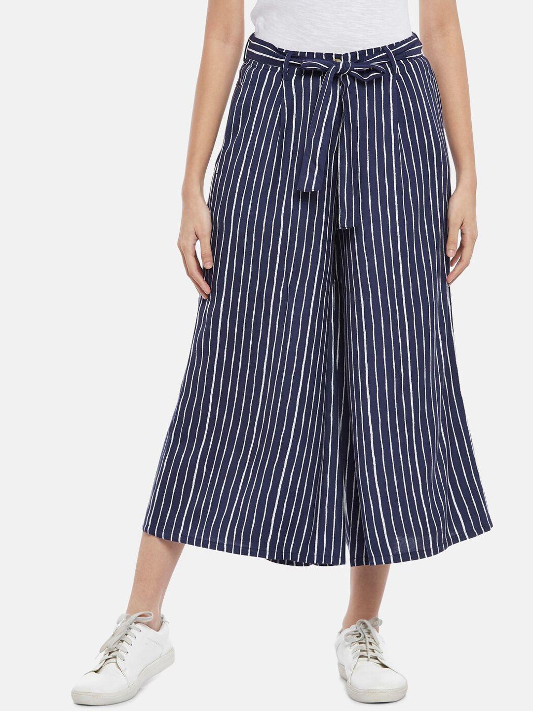 people women navy blue & white striped pleated cropped culottes trousers