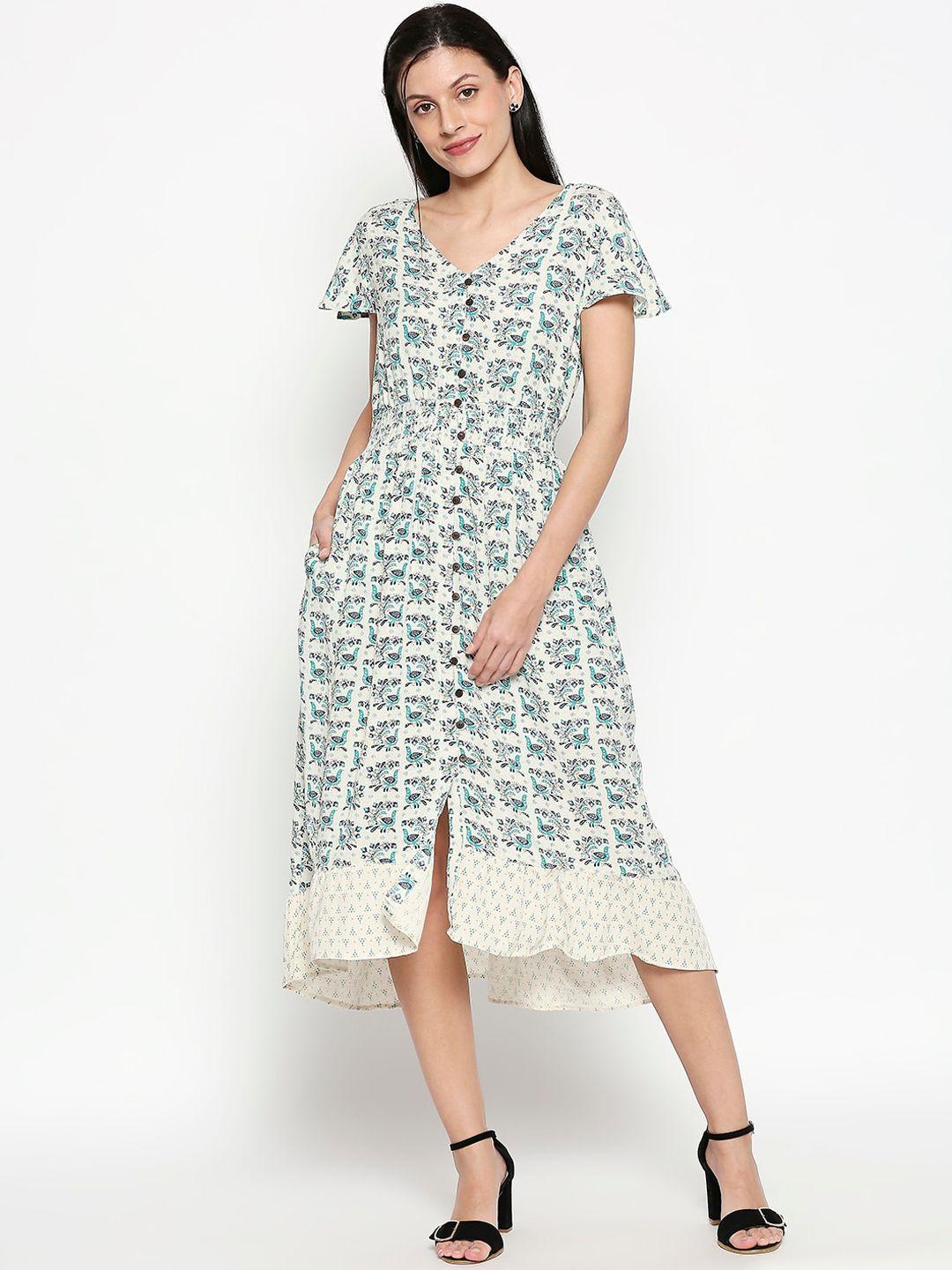 people women off-white & green printed a-line dress