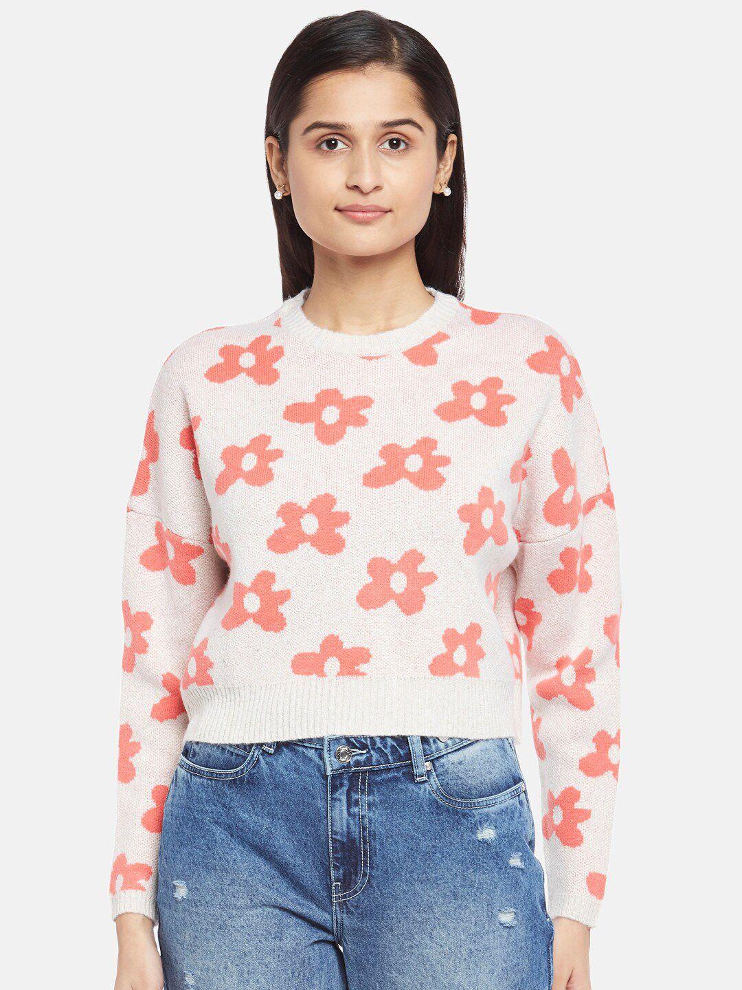 people women off white & orange floral printed acrylic pullover