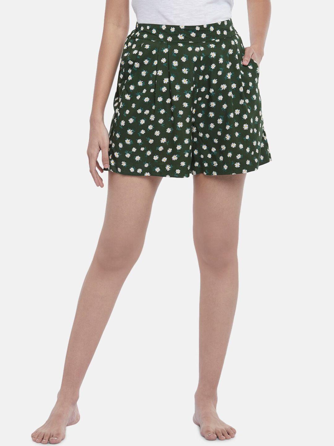 people women olive green conversational printed high-rise shorts