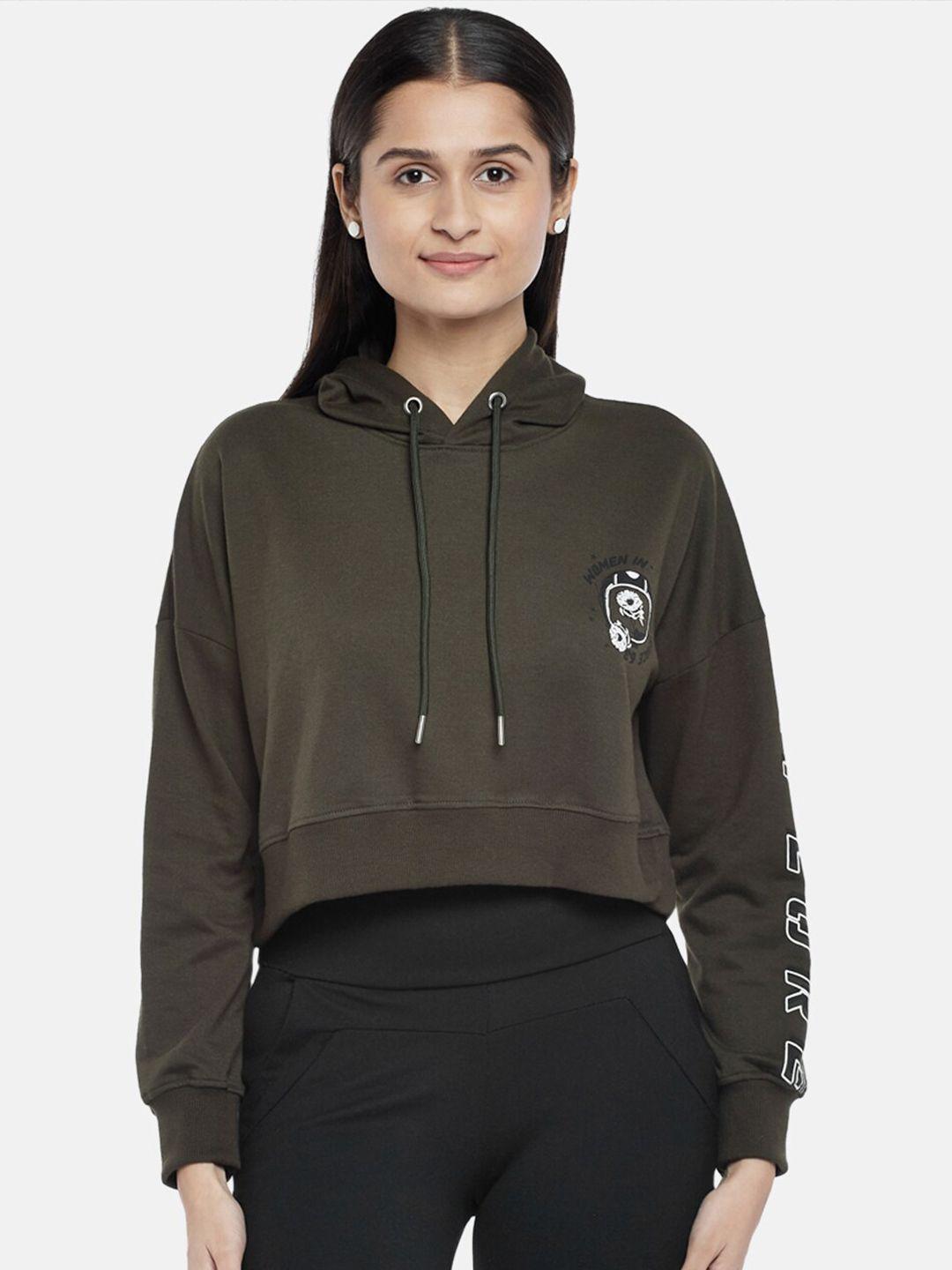 people women olive green hooded crop sweatshirt