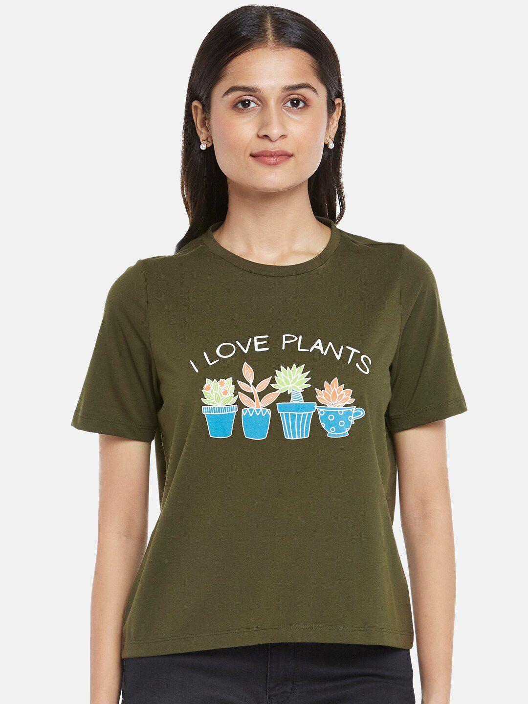 people women olive green typography printed high neck applique t-shirt