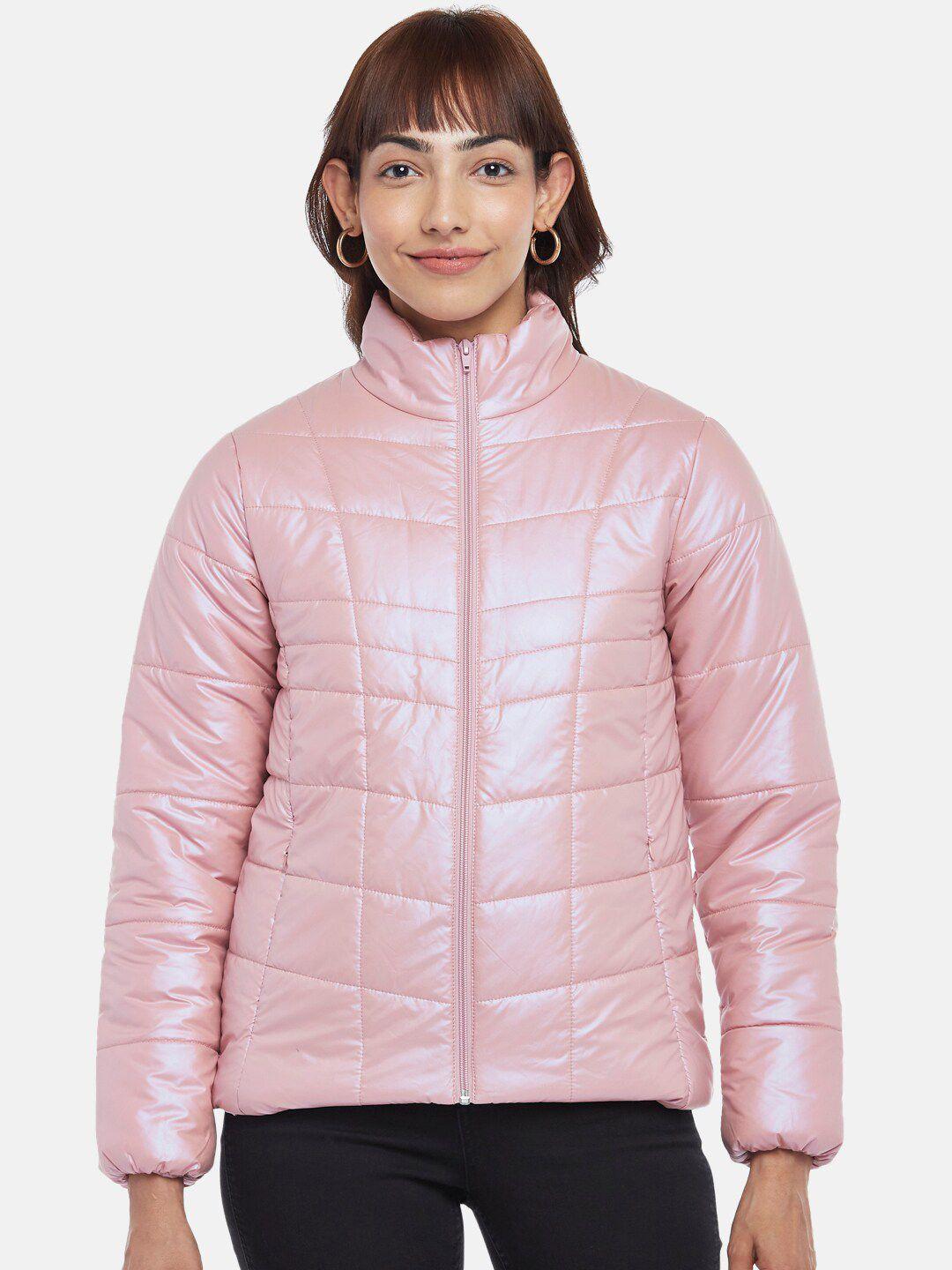 people women peach-coloured cotton solid puffer jacket