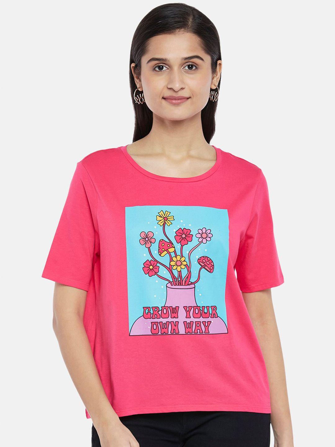 people women pink & blue printed pure cotton t-shirt