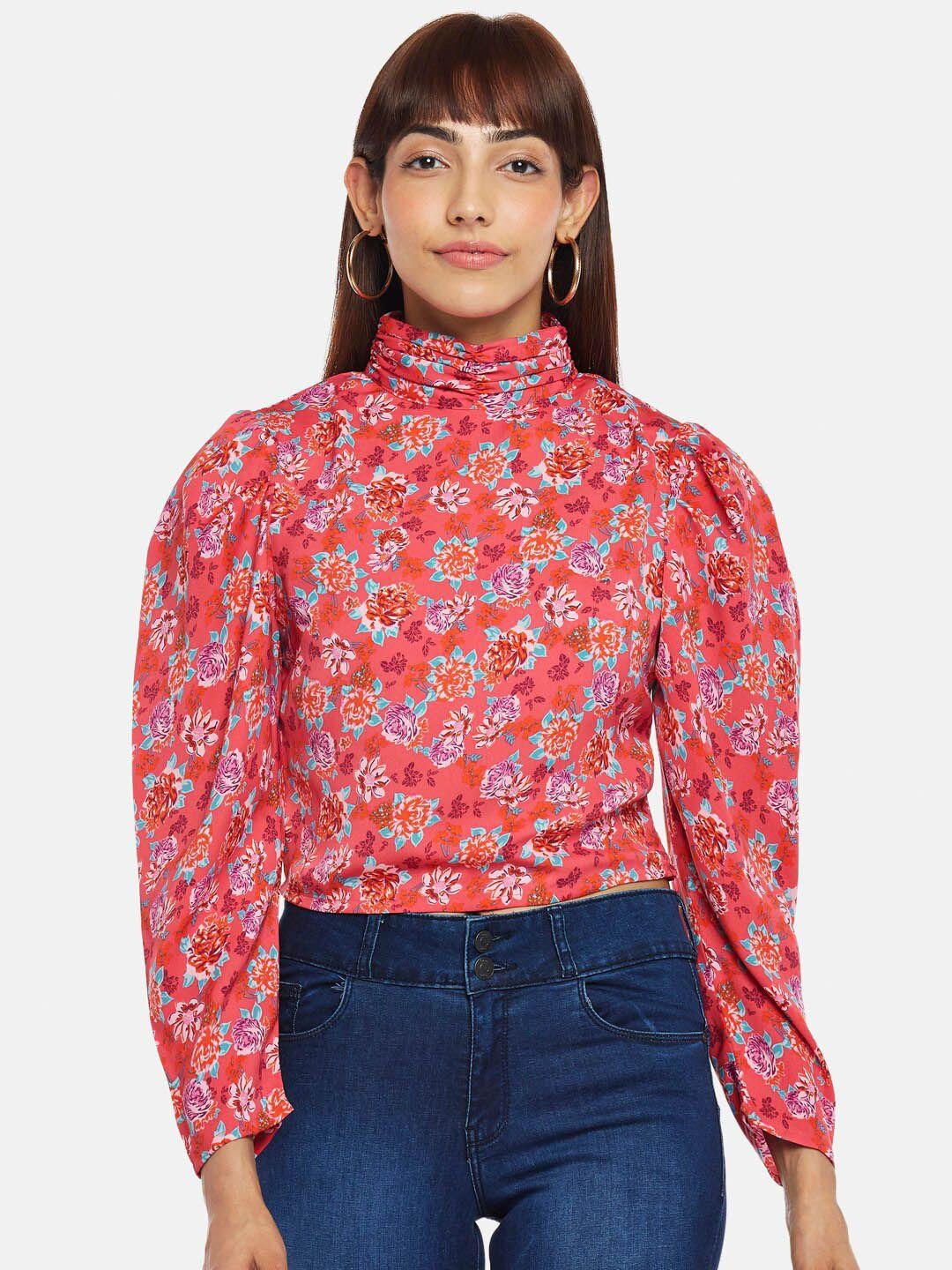 people women pink floral print long sleeves high neck satin top