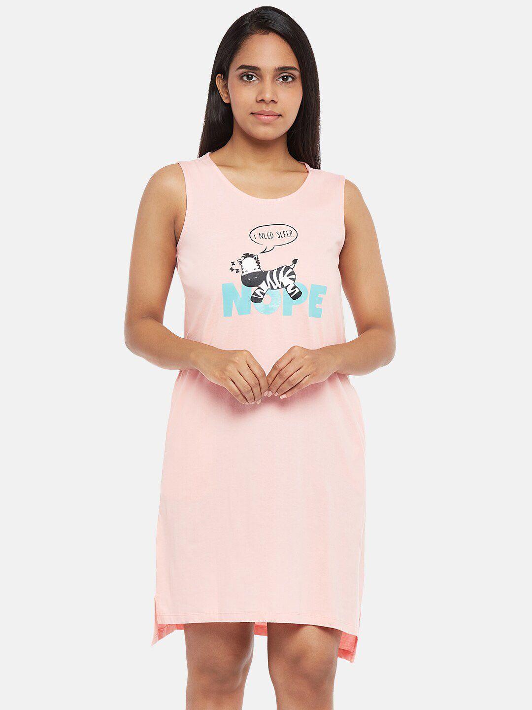 people women pink pure cotton graphic printed nightdress