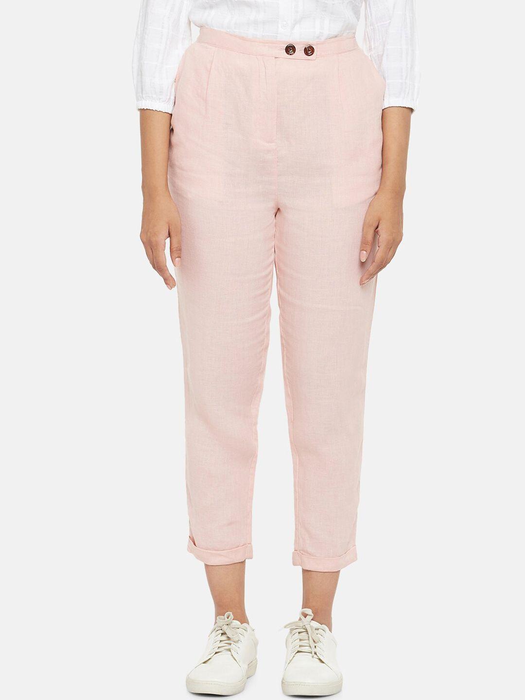 people women pink slim fit linen regular trousers