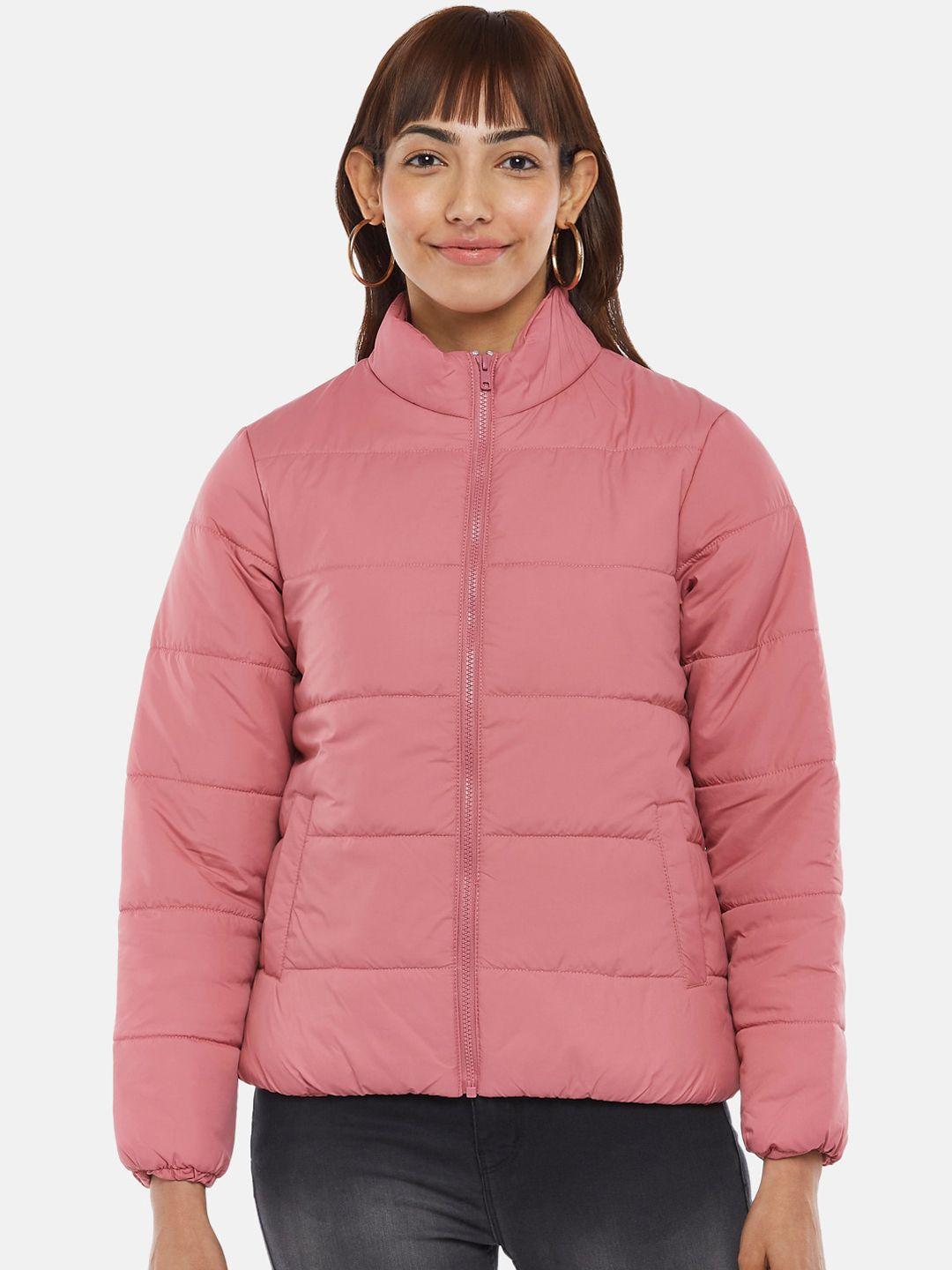 people women pink solid viscose rayon long sleeves padded jacket