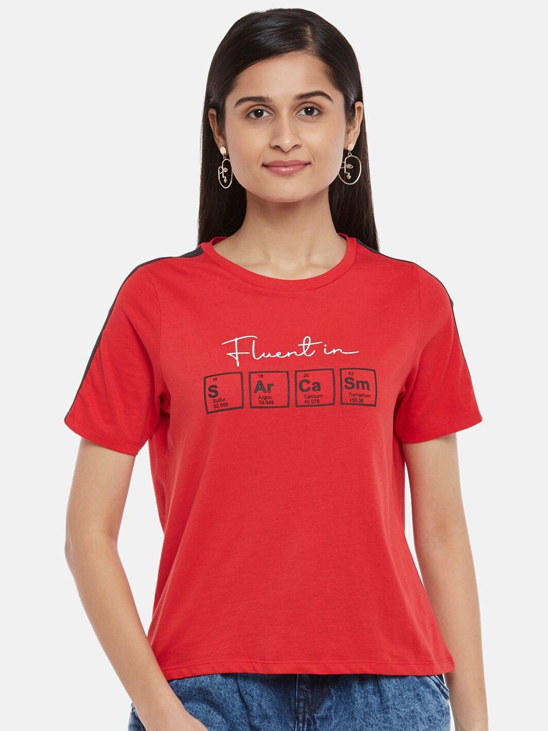 people women red & black typography printed pure cotton t-shirt