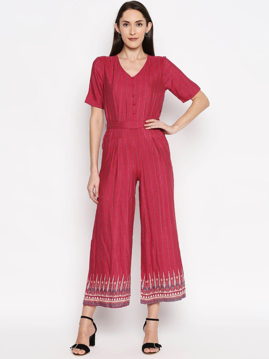 people women red & navy blue printed basic jumpsuit