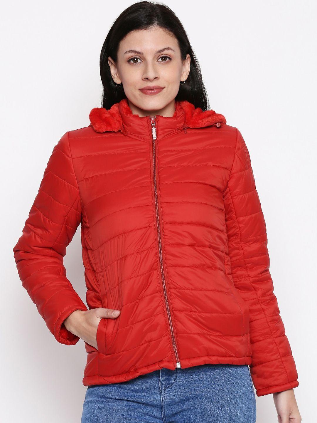people women red solid puffer jacket