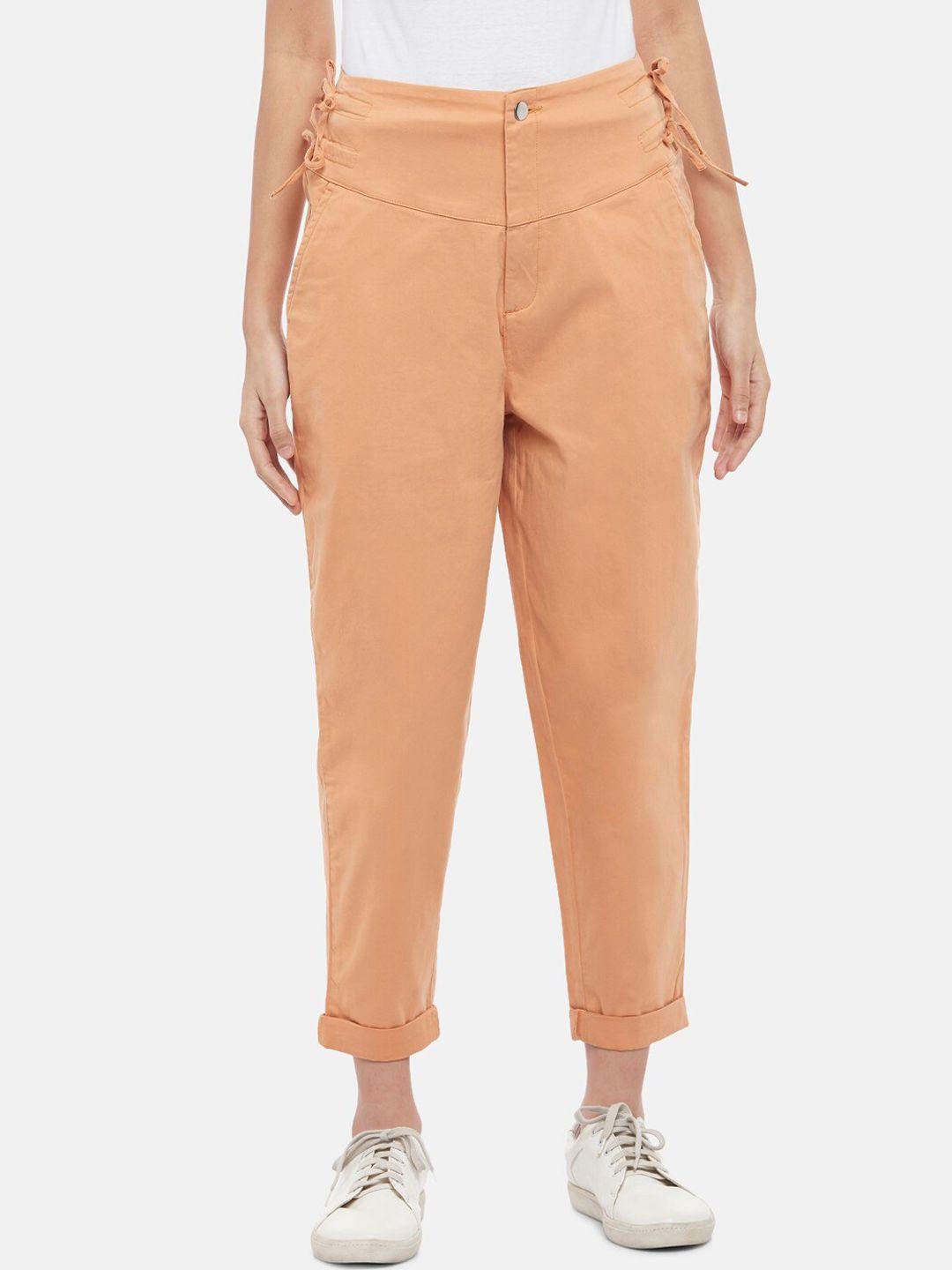 people women tan carrot slim fit cotton trousers