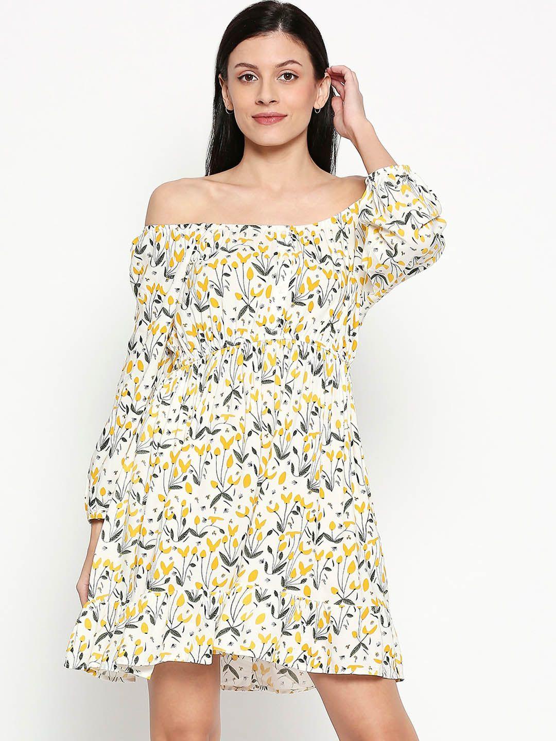 people women white & yellow floral printed fit and flare dress