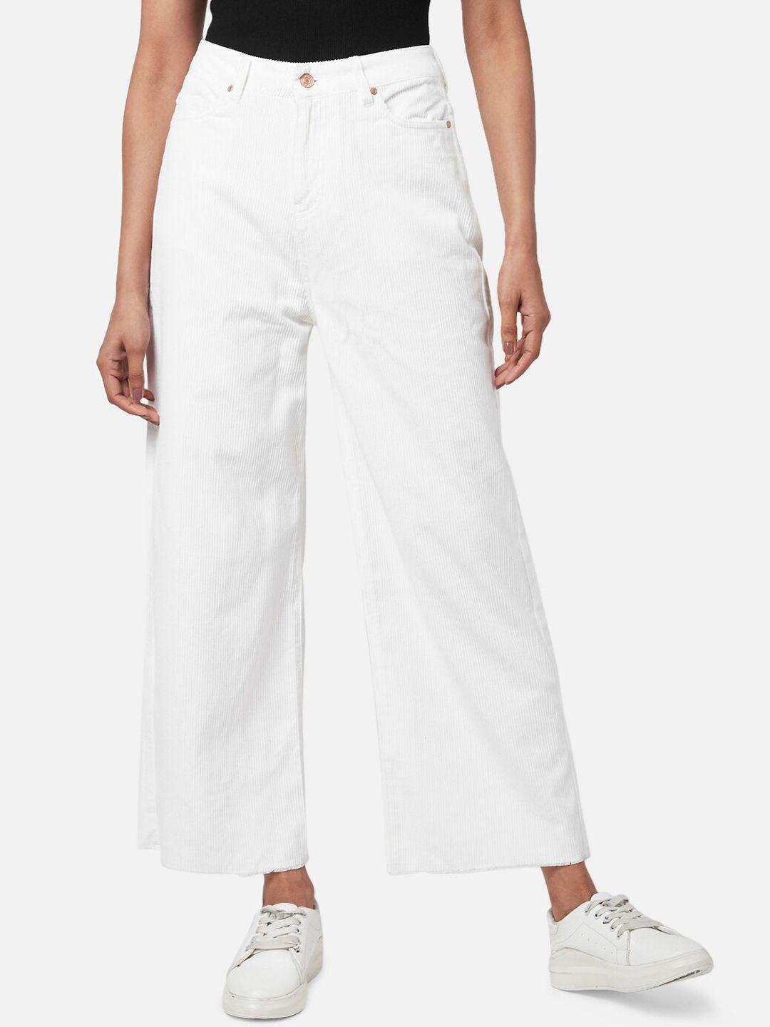 people women white cotton  flared high-rise trousers