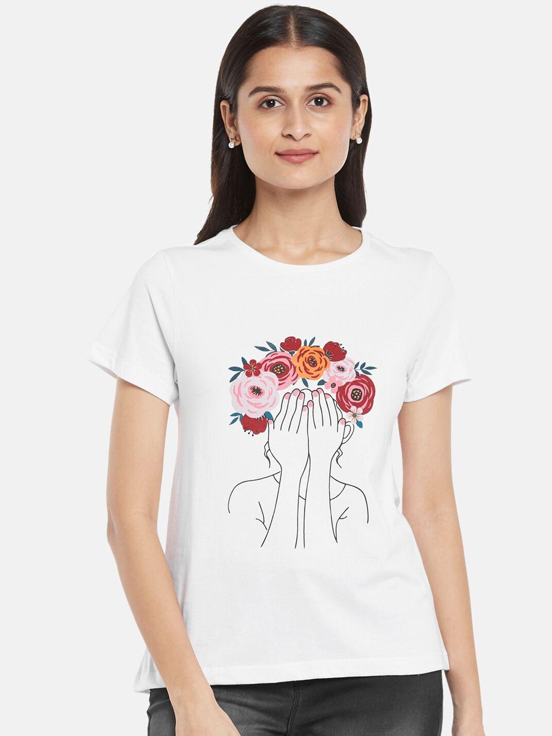 people women white floral printed cotton t-shirt