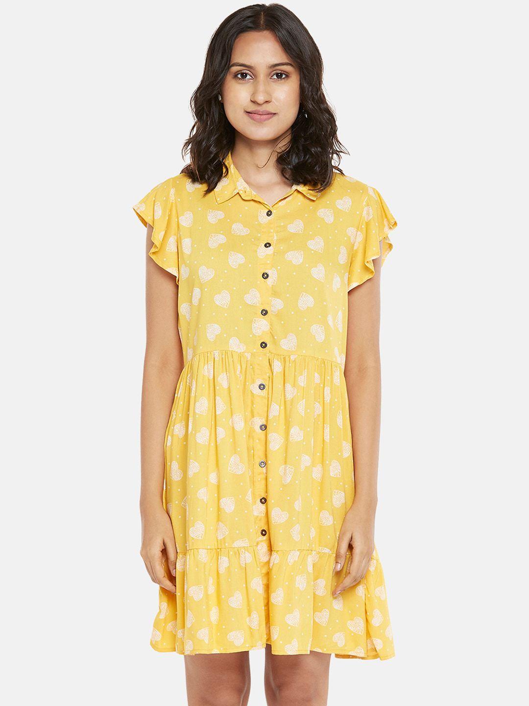 people women yellow & off white printed tiered dress