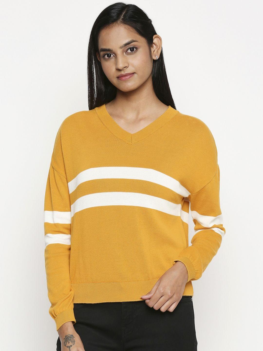 people women yellow & white striped cotton pullover sweater