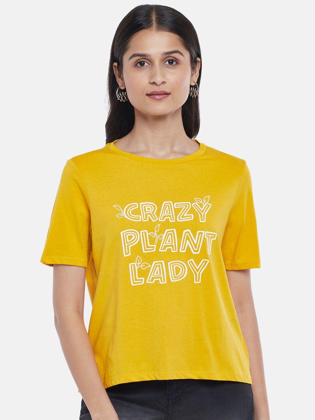 people women yellow typography printed cotton t-shirt