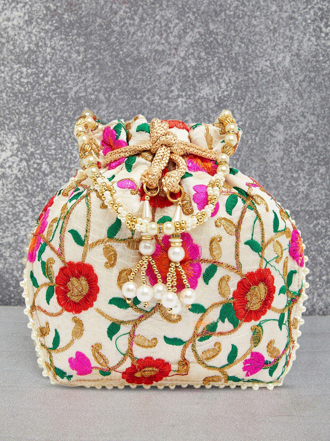 peora beige & red embroidered potli clutch