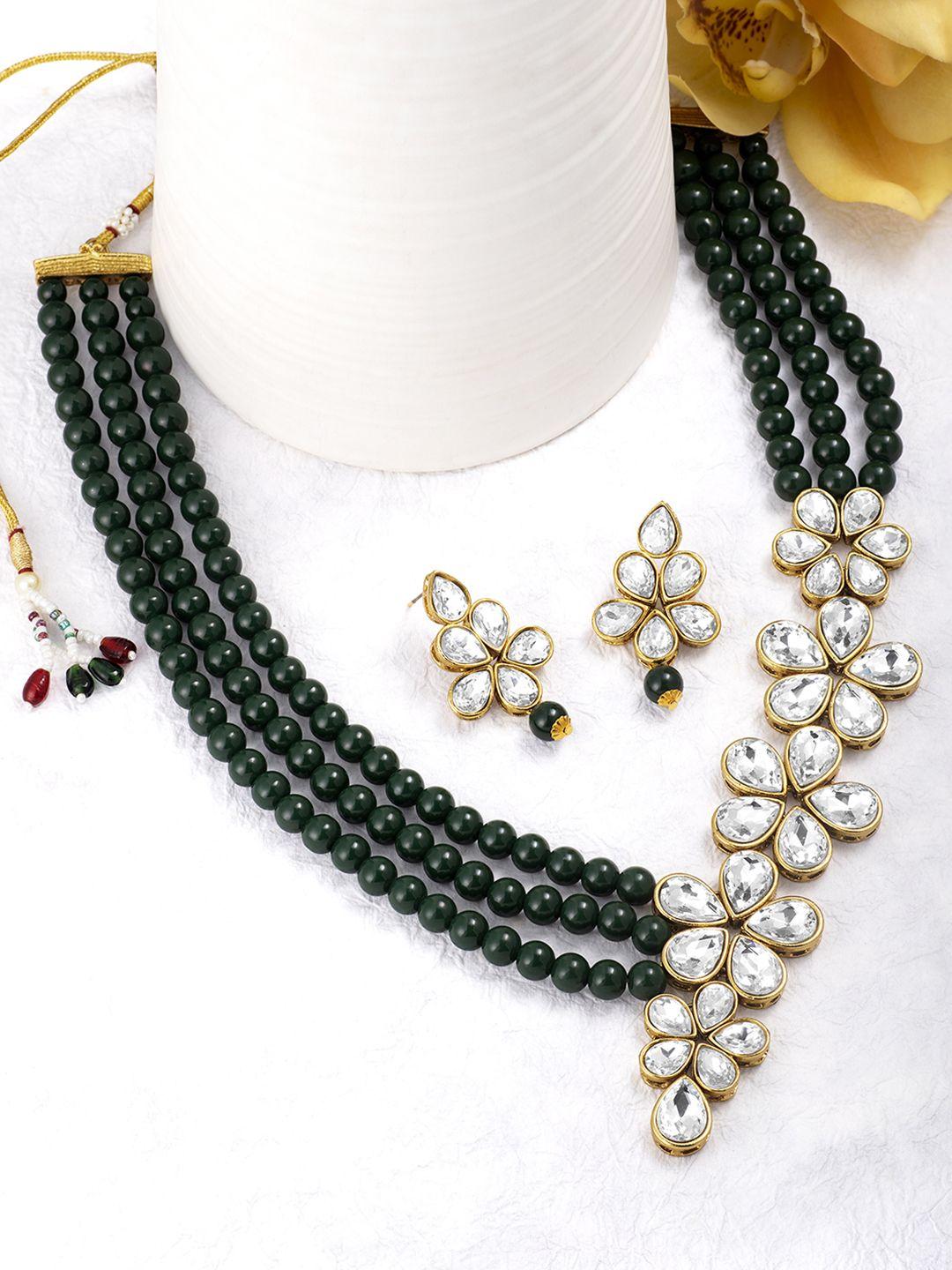 peora gold plated & green floral crystal jewellery set