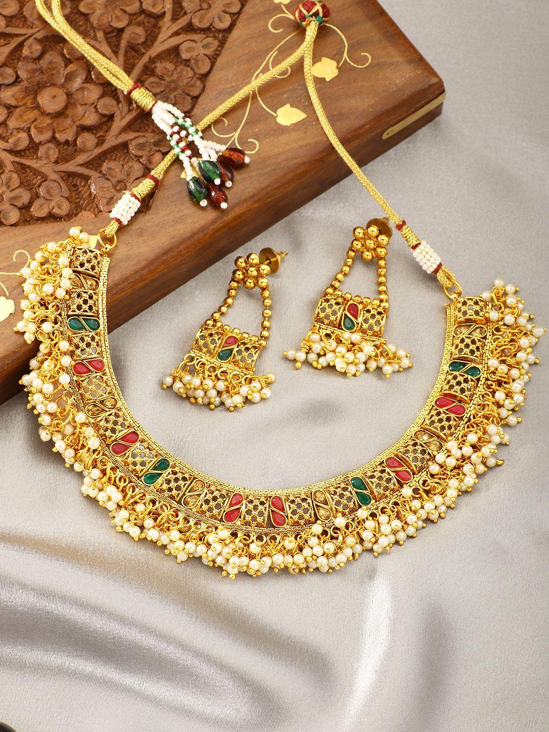 peora gold-plated meena work rice pearl choker necklace jewellery set