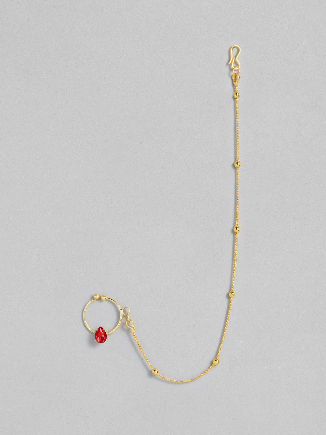 peora magenta gold-plated nose ring without piercing pearl beaded chain