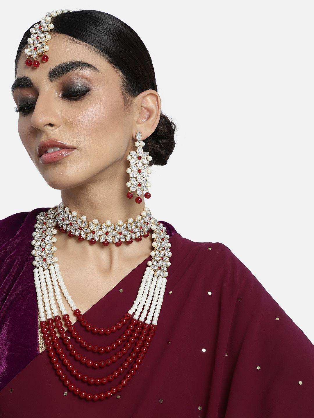 peora maroon & white gold plated artificial stones & beads jadau necklace jewellery set