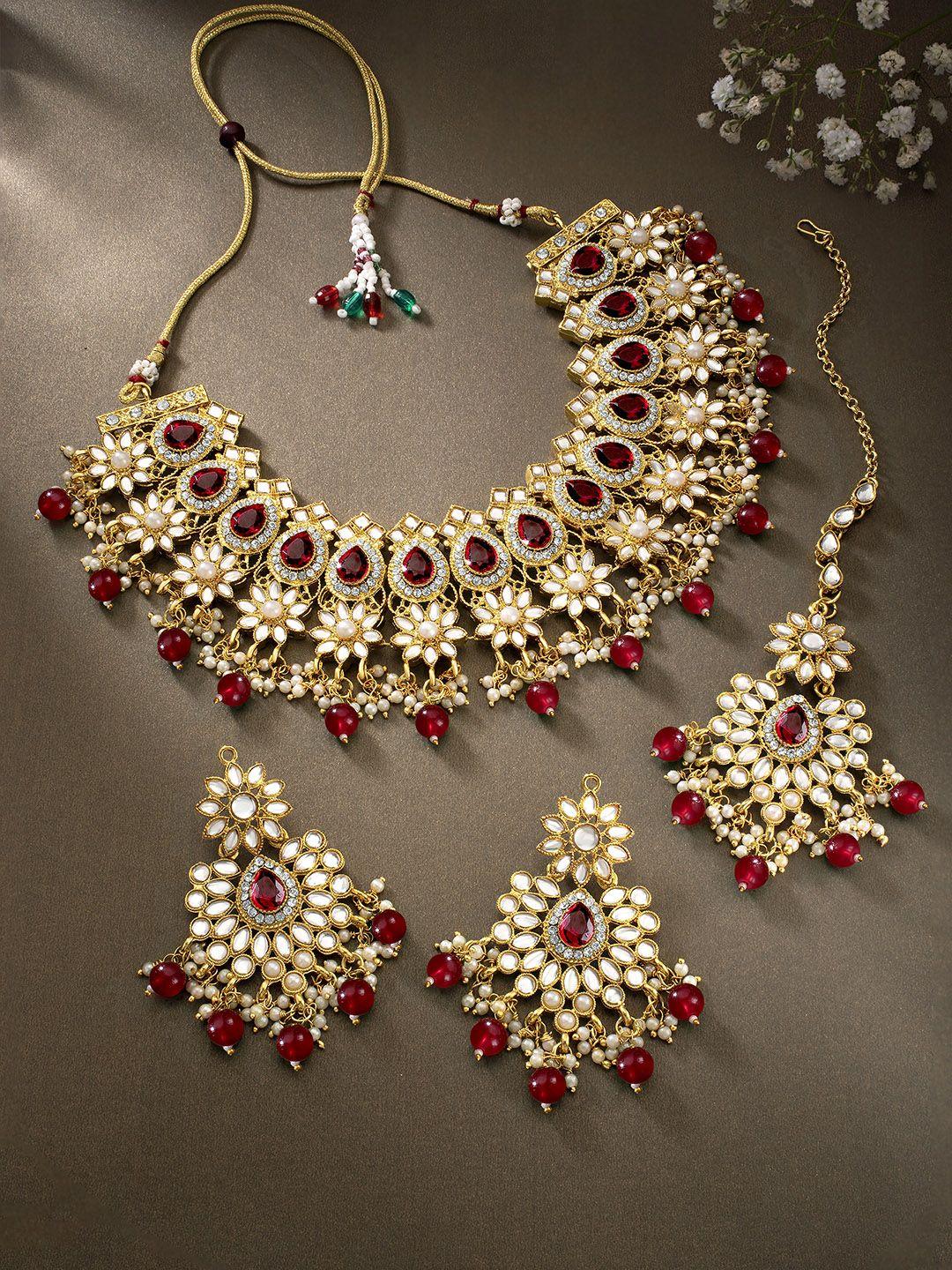 peora maroon & white gold plated studded jewellery set