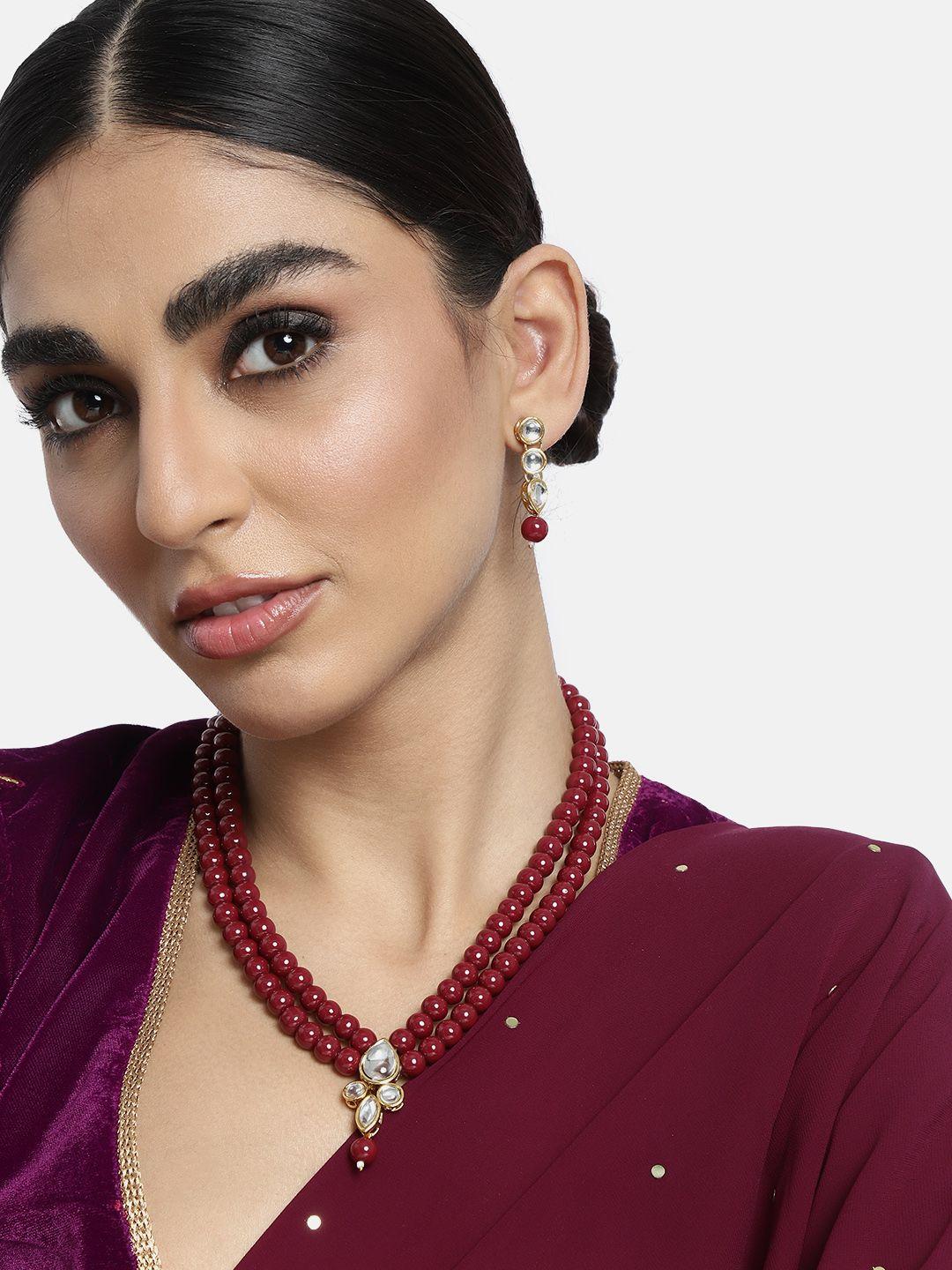 peora maroon gold plated kundan faux pearl necklace jewellery set