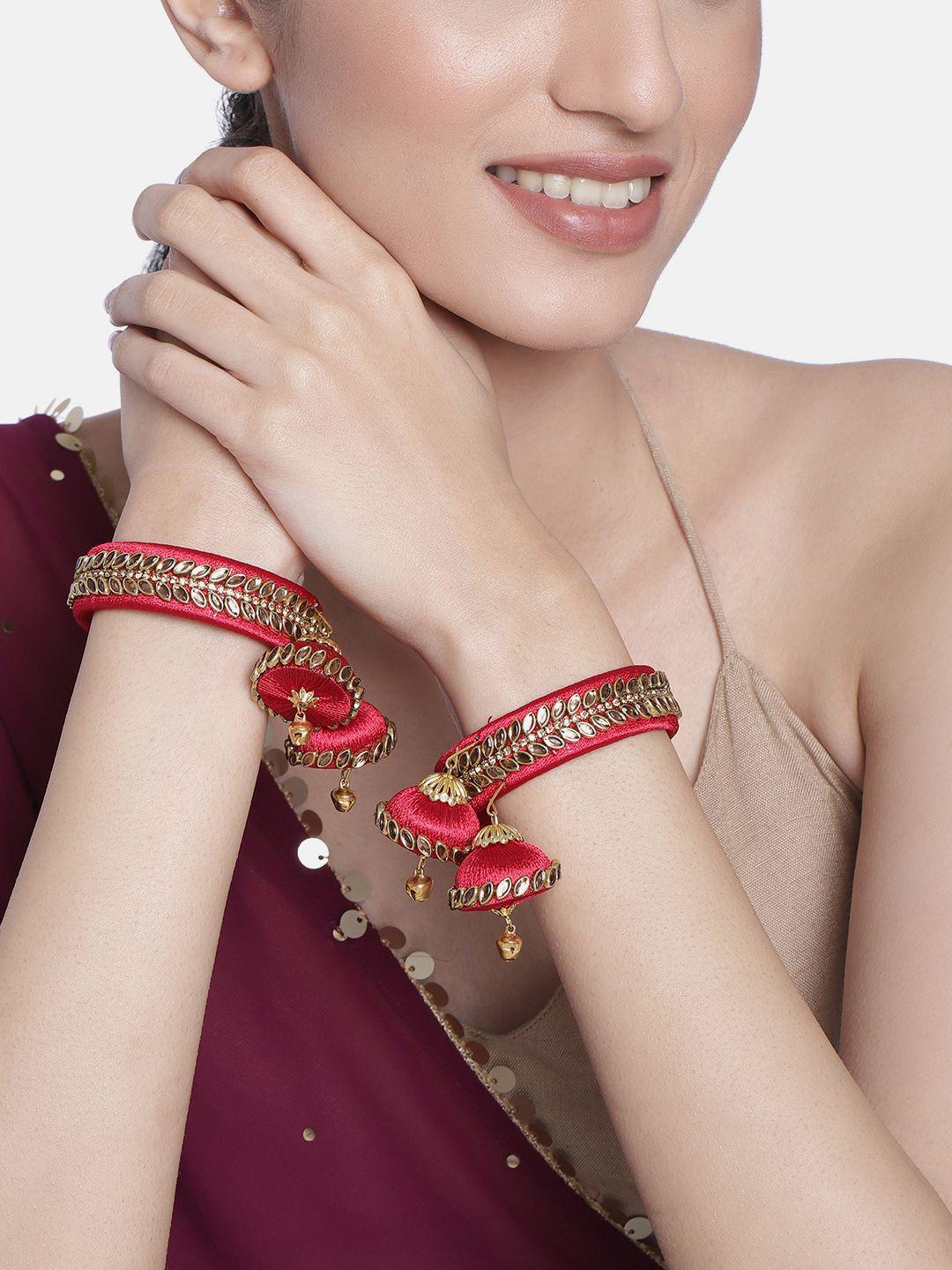 peora red gold-plated set of 2 handcrafted silk thread kundan studded bangles