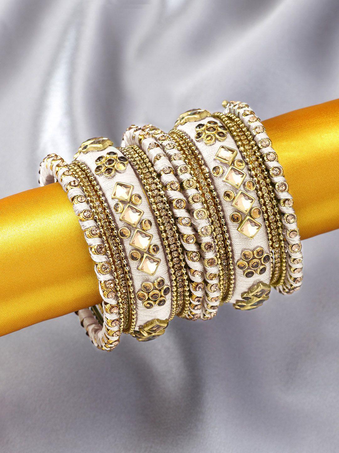 peora set of 10 white gold-plated silk thread handcrafted chuda bangle set